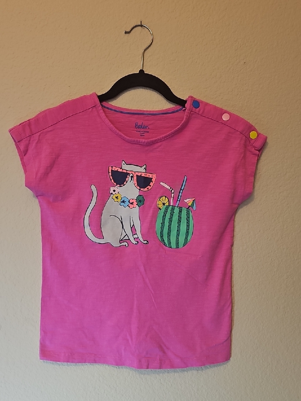 Pink Cat Graphic Tee with Watermelon Drink